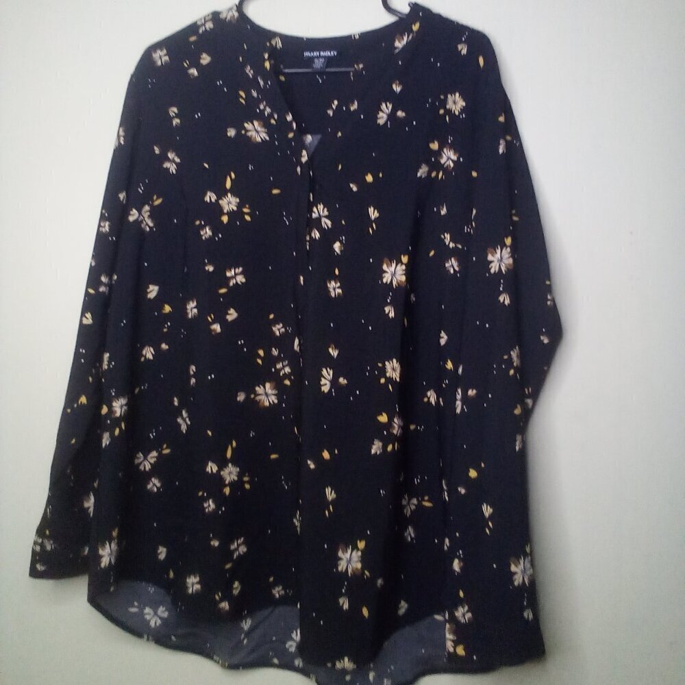 Hilary Radley Blouse Shirt XL Women Long Sleeve Pattern Black Tan
